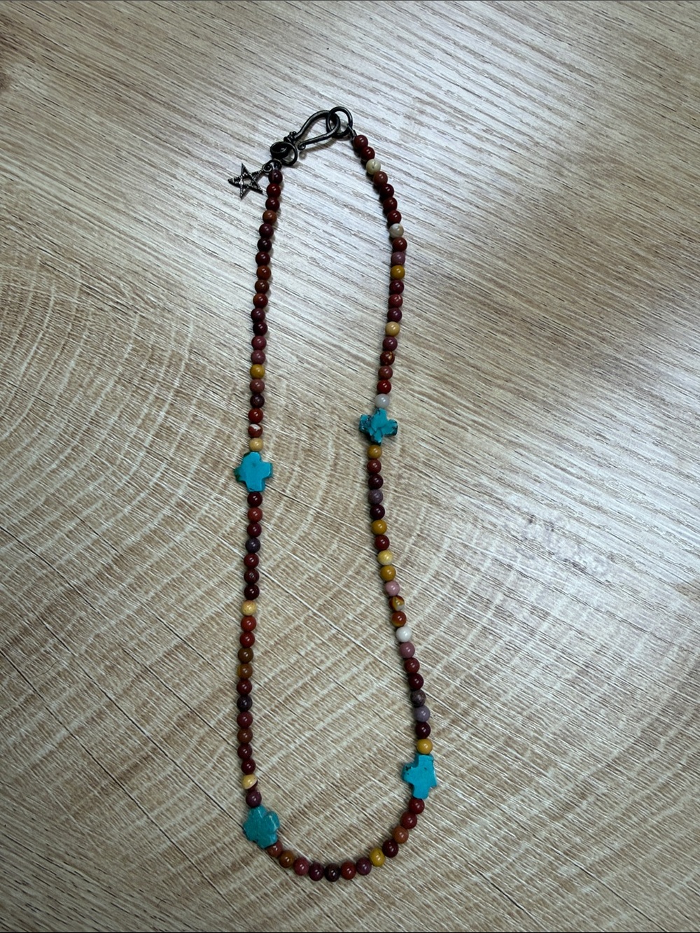 Handmade Multicolor Beaded Necklace with Turquoise Cross Accents